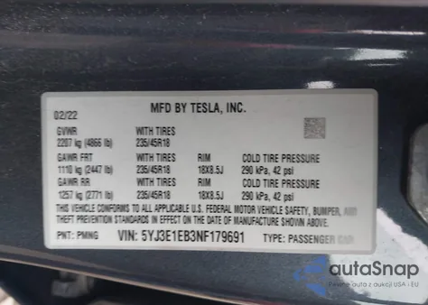 2022 Tesla Model 3 Long Range Dual Motor All-Wheel Drive from USA, damaged, VIN 5YJ3E1EB3NF179691